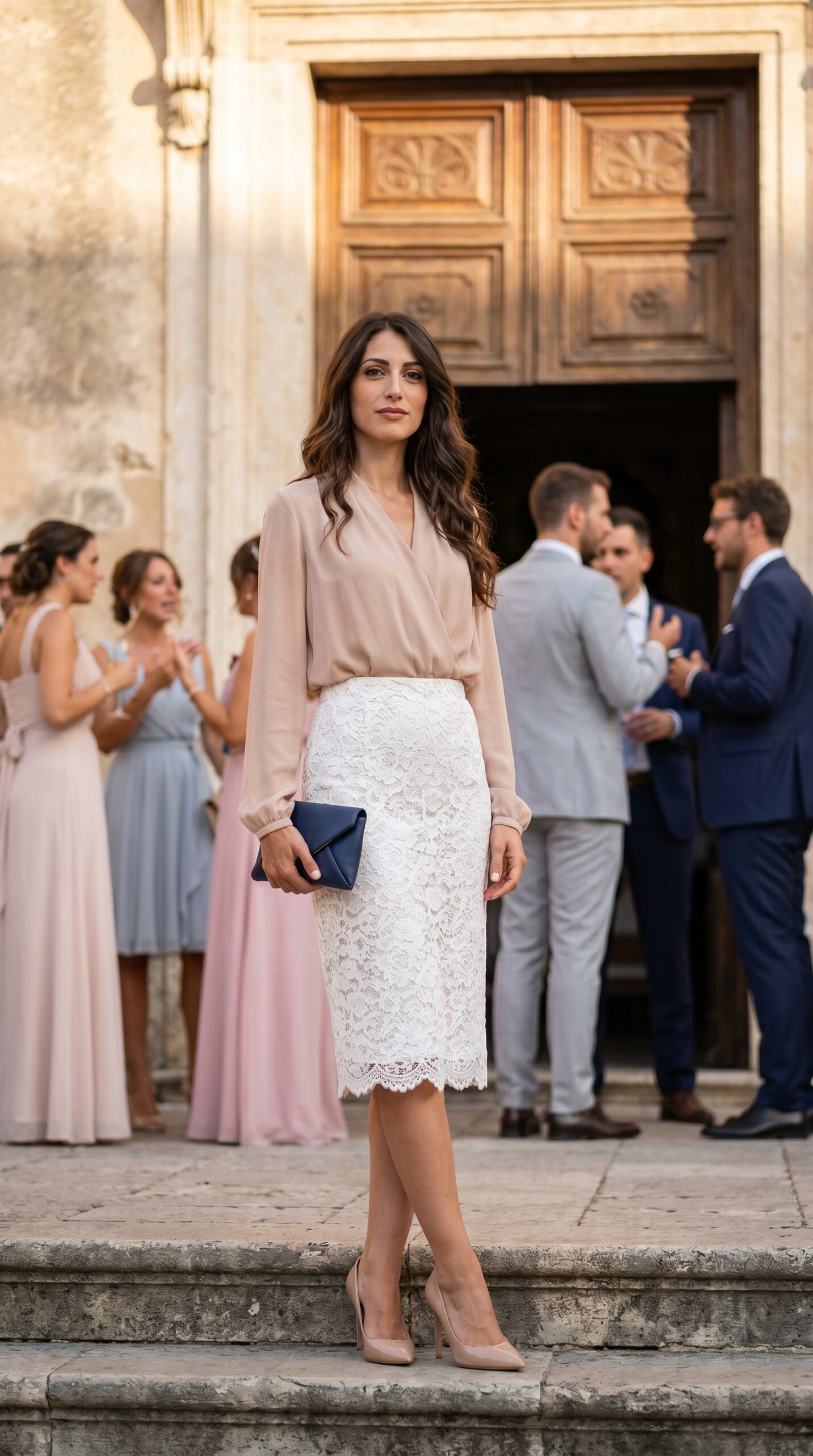 Elegante gonna a tubino in pizzo bianco con blusa incrociata champagne e pochette blu scuro.