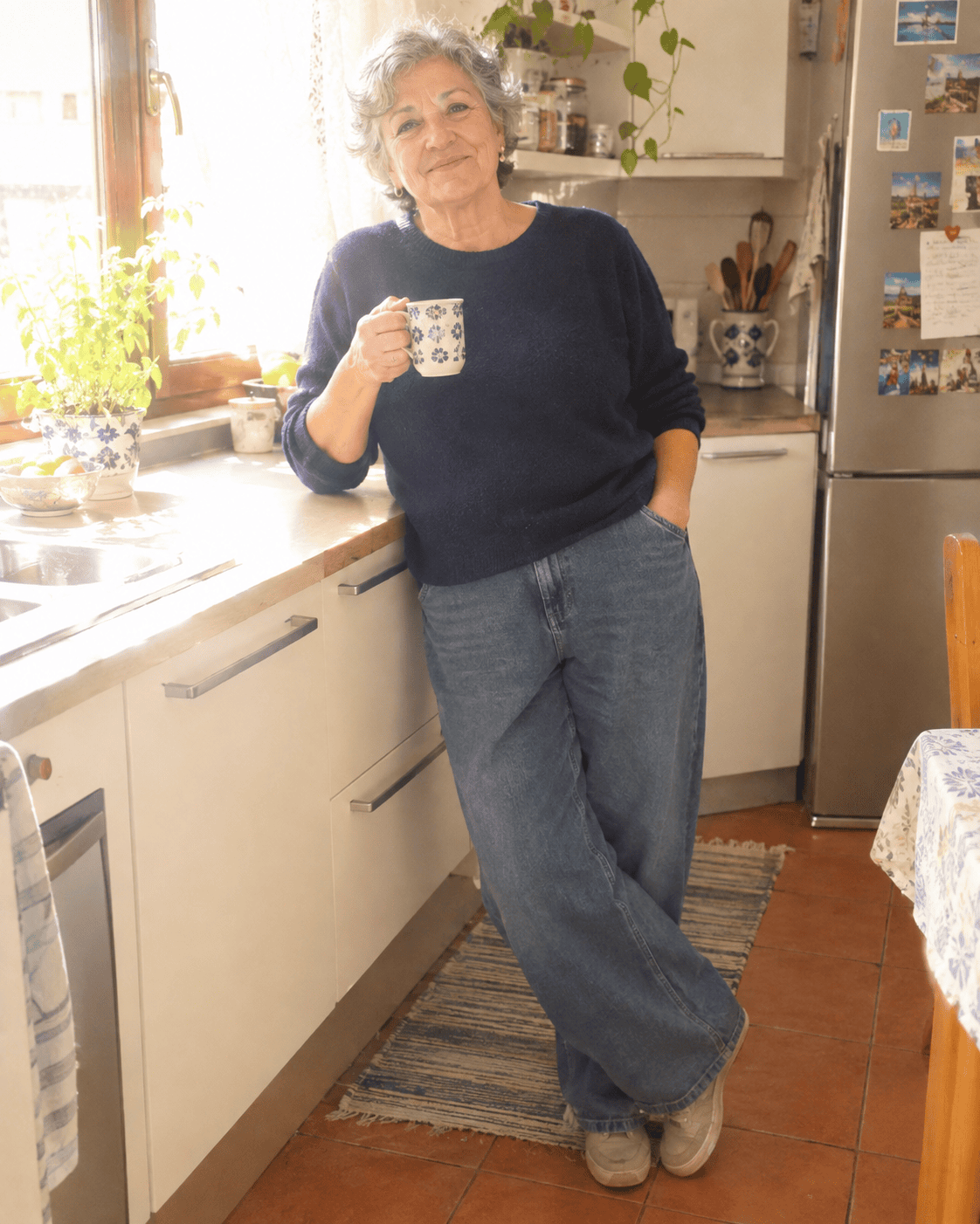 Come Vestirsi a 70 Anni: Guida Completa e Consigli Pratici 7 Donna di 70 anni con jeans morbidi e maglione blu notte in cucina con una tazza in mano