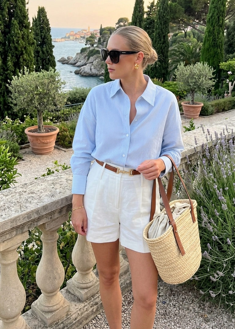 Donna con outfit estate casual chic 2026: camicia azzurra a righe e shorts bianchi in lino a vita alta con cintura marrone
