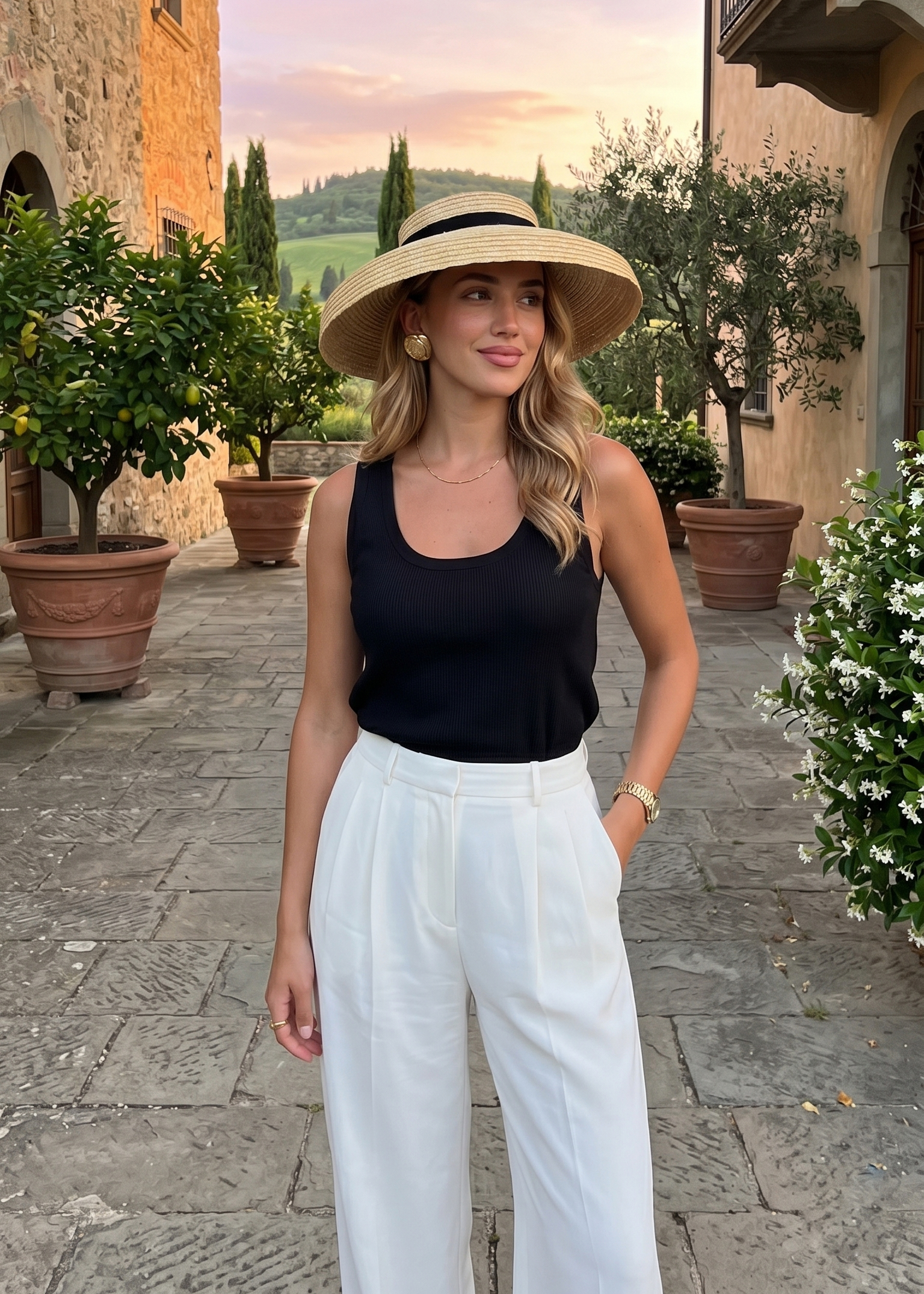 Donna con outfit estate elegante 2026: canotta nera a costine e pantalone bianco palazzo a vita alta con cappello di paglia
