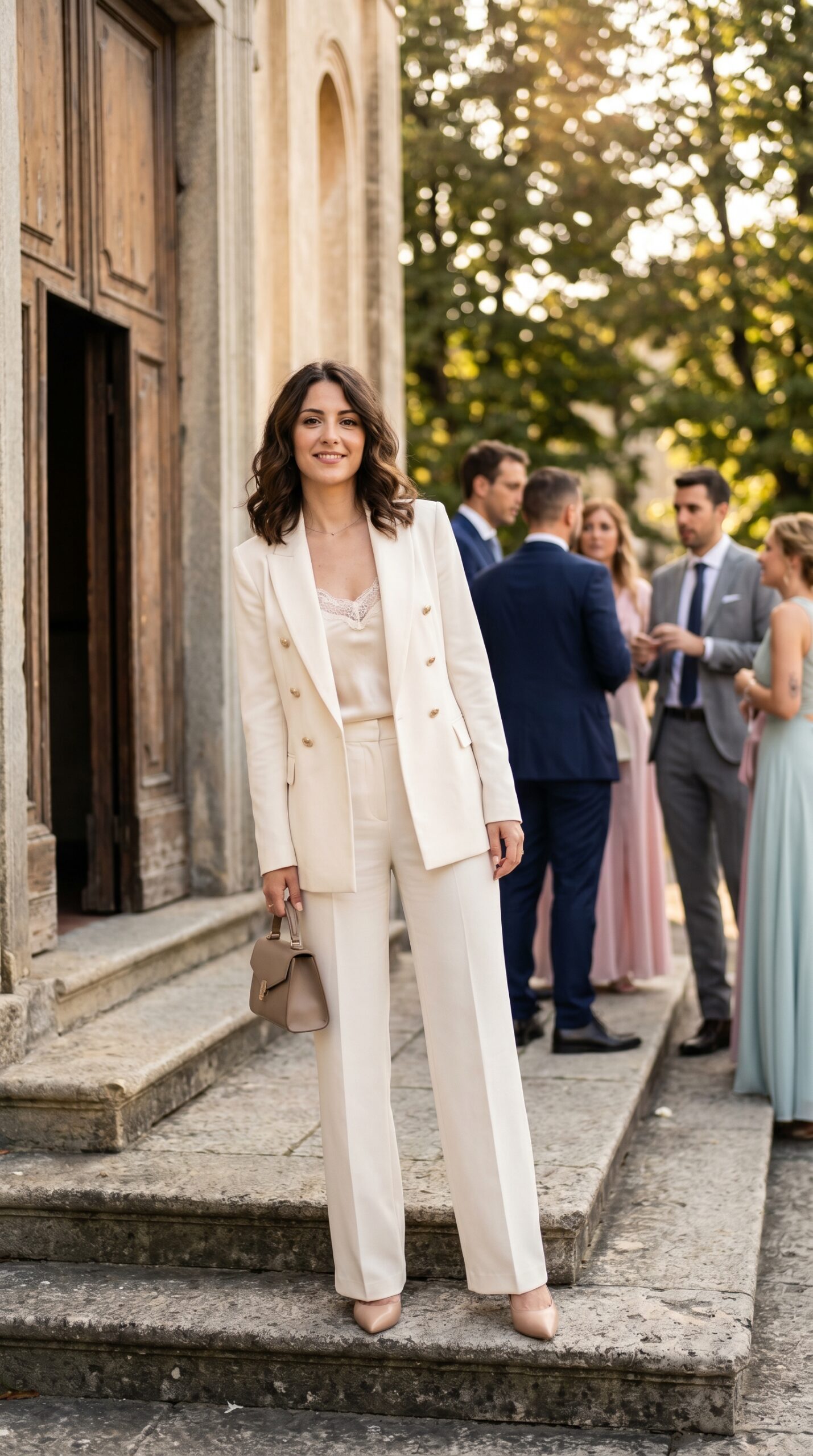 Donna con elegante tailleur pantalone color panna e top in seta con pizzo per invitata a una comunione.