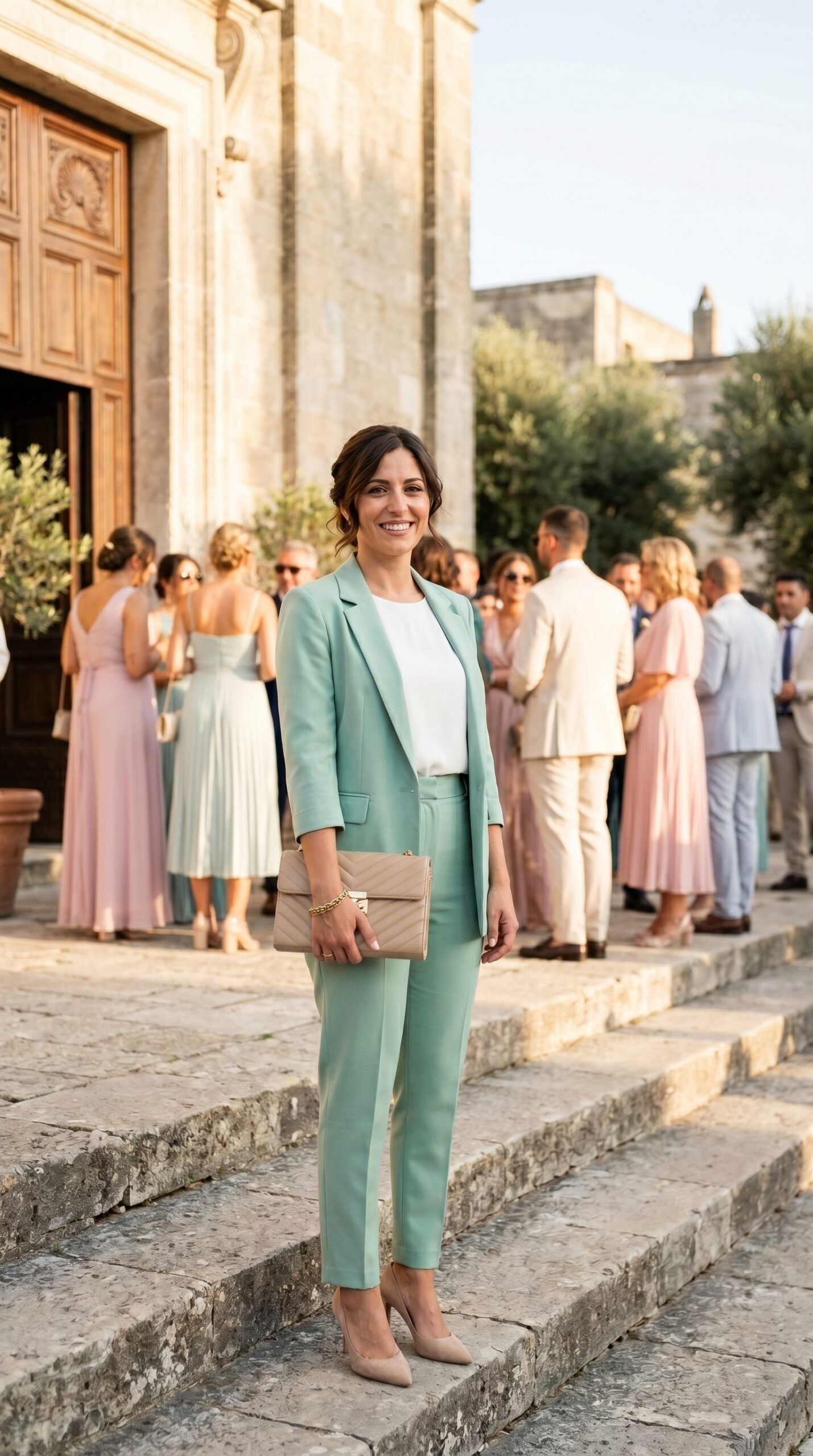 Completo giacca e pantalone verde menta con top bianco e borsa nude per comunione invitata donna.