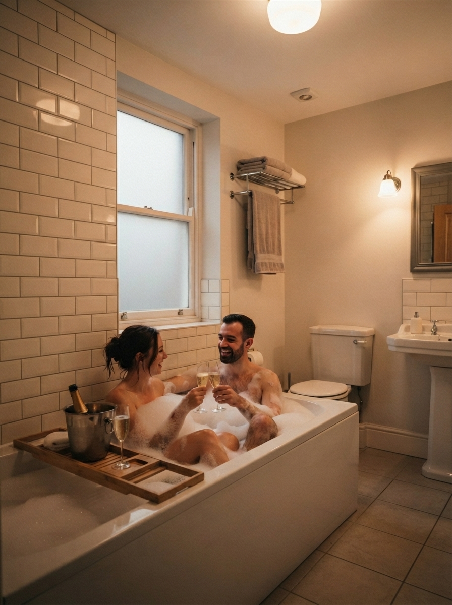 Serata Romantica a Casa: 10 Idee Originali per Coppie 7 Coppia si rilassa in una vasca da bagno freestanding di design in un bagno moderno con luci LED indirette.