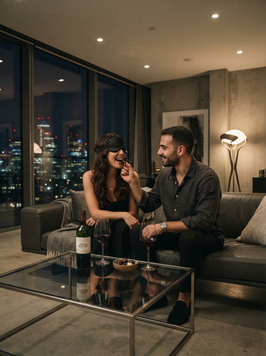 Serata Romantica a Casa: 10 Idee Originali per Coppie 4 Coppia di trentenni in un attico moderno fa una degustazione di cioccolato e vino, la donna è bendata e l'uomo la imbocca.