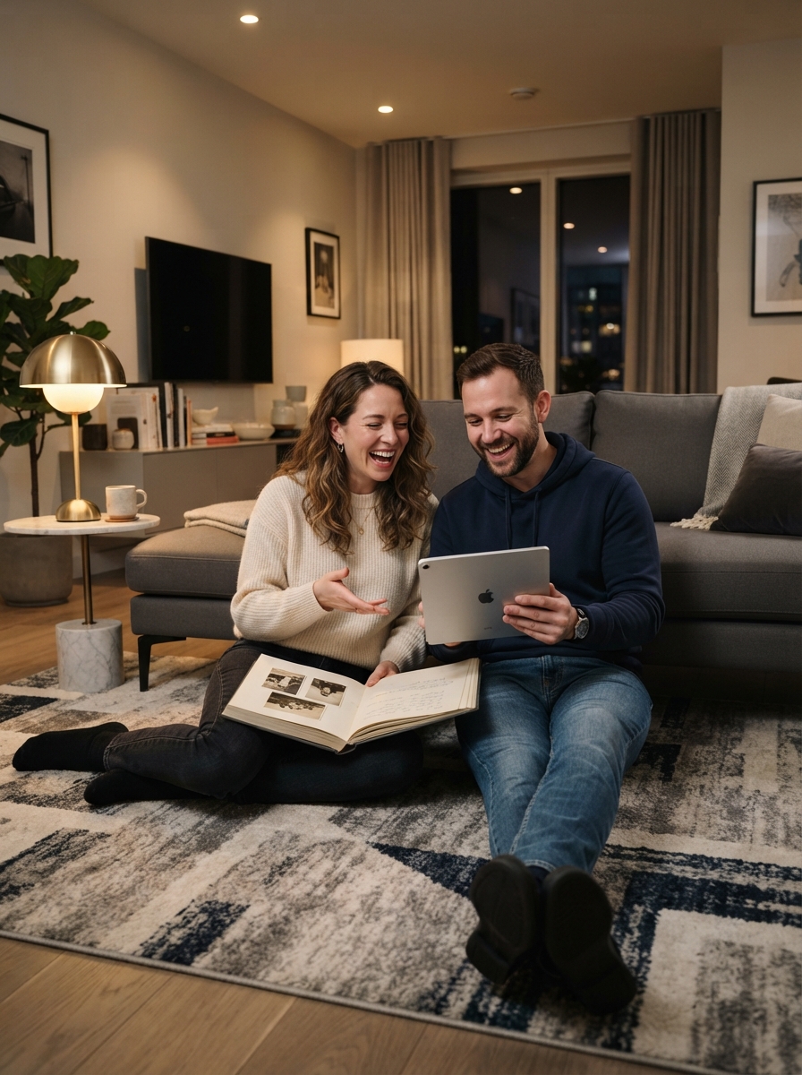 Serata Romantica a Casa: 10 Idee Originali per Coppie 9 Coppia seduta su un tappeto moderno di design mentre guarda foto storiche su un tablet e un album in un salotto illuminato da faretti.
