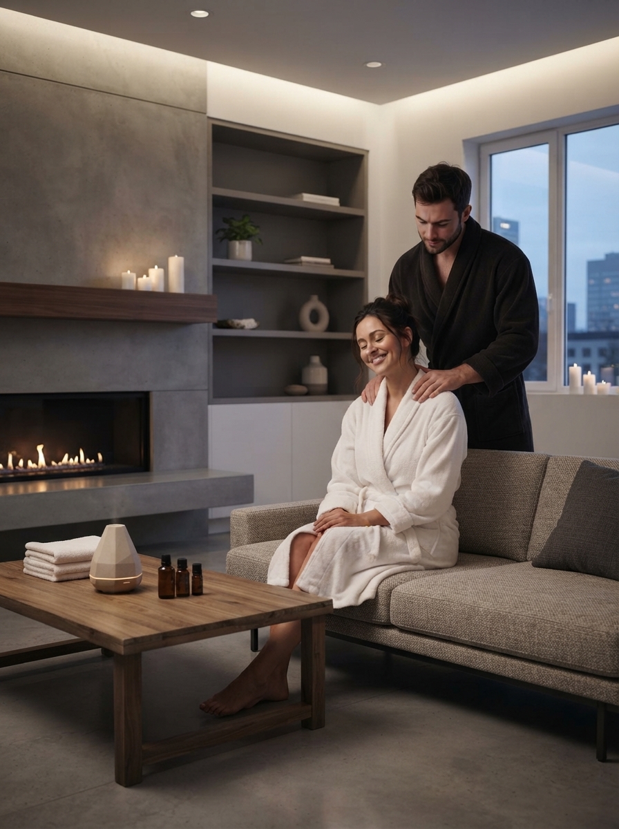 Serata Romantica a Casa: 10 Idee Originali per Coppie 2 L'uomo della coppia fa un massaggio rilassante alle spalle della donna in un salotto trasformato in una spa casalinga con luci soffuse.