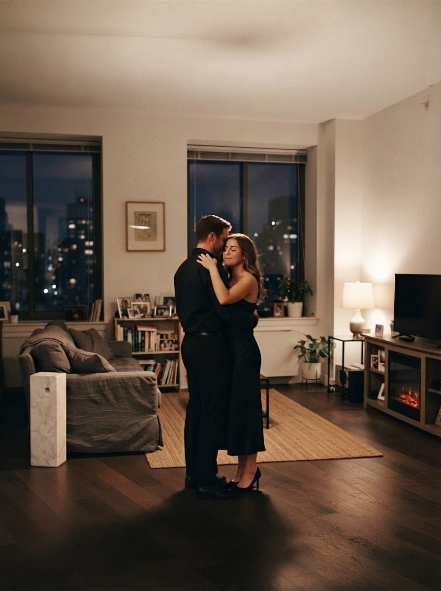 Serata Romantica a Casa: 10 Idee Originali per Coppie 10 Coppia balla un lento guancia a guancia in un salotto moderno