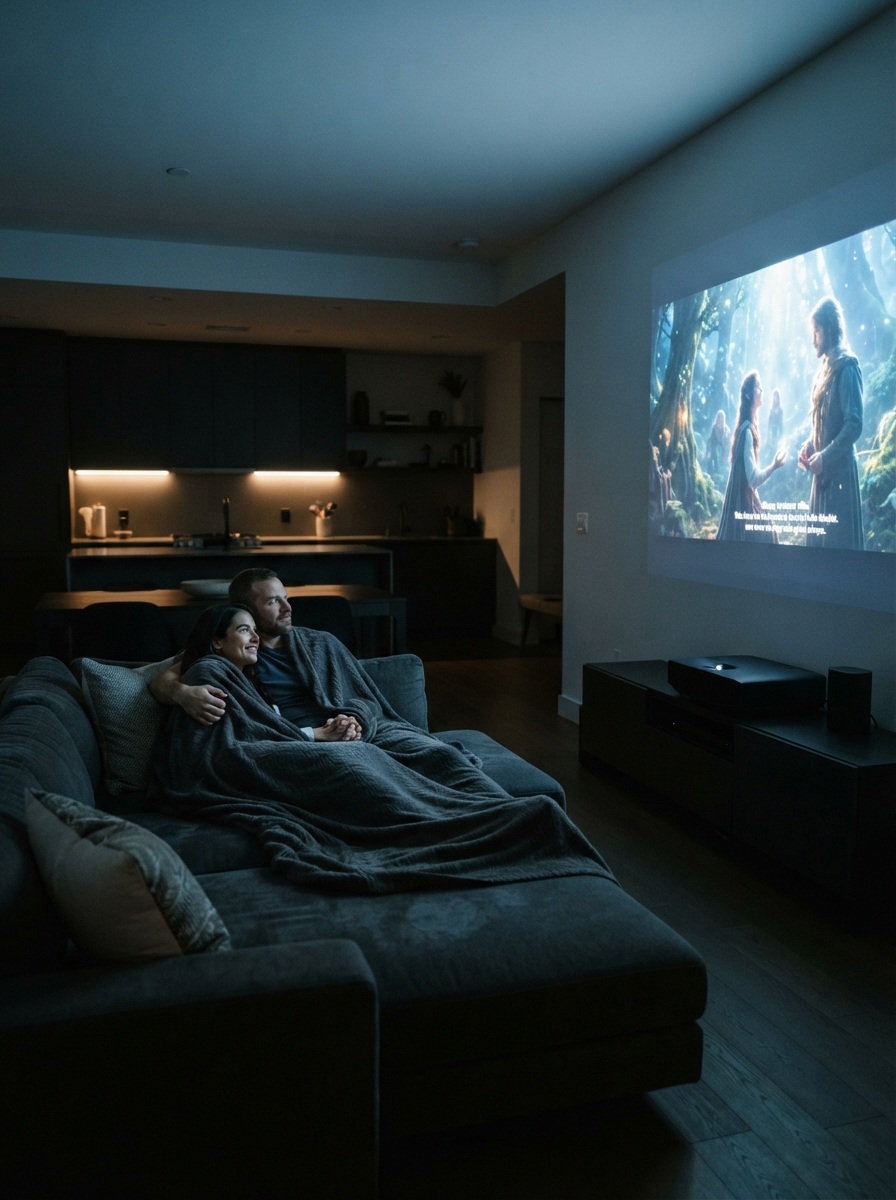 Serata Romantica a Casa: 10 Idee Originali per Coppie 8 Coppia abbracciata su un divano moderno che guarda un film proiettato a tutta parete in un salotto buio.
