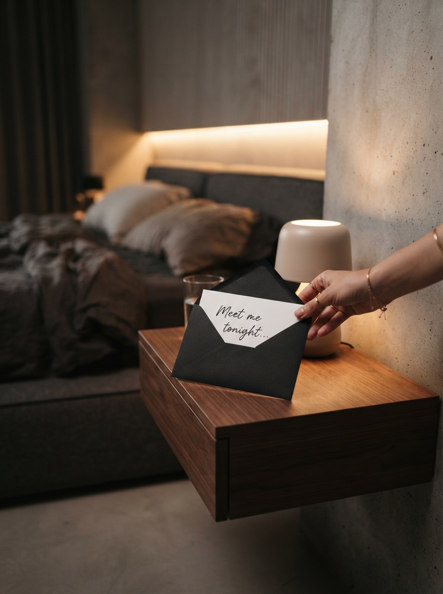 Serata Romantica a Casa: 10 Idee Originali per Coppie 6 Una mano appoggia un biglietto d'invito sul comodino di una camera da letto matrimoniale moderna e minimale con luci LED integrate.