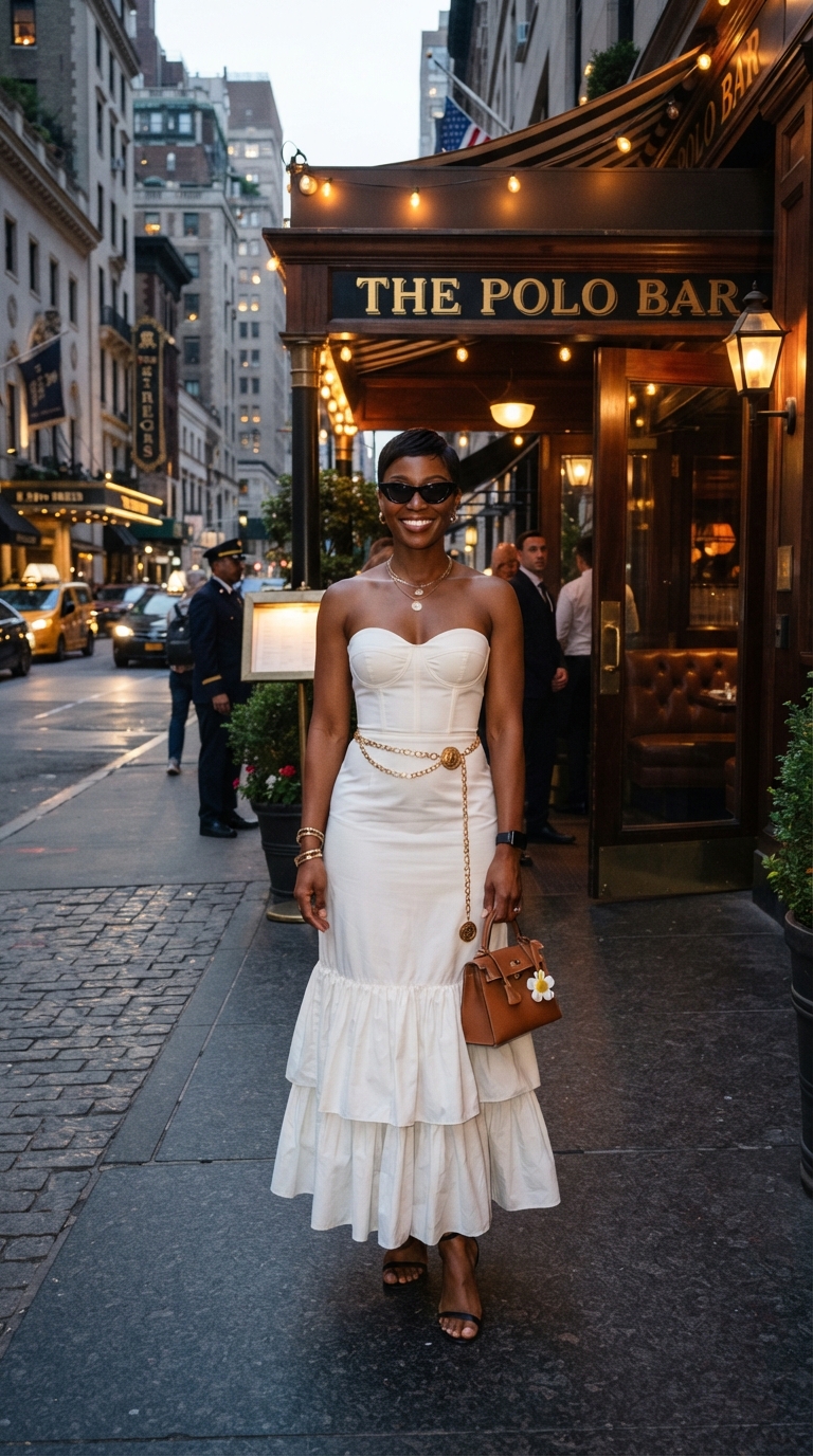 Look elegante di fronte al The Polo Bar con abito lungo bianco a corsetto, balze sul fondo, cintura a catena dorata e occhiali da sole.
