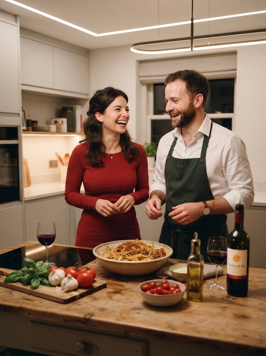 Serata Romantica a Casa: 10 Idee Originali per Coppie 1 Una coppia sorridente cucina insieme pasta fatta in casa in una cucina accogliente illuminata da candele per una serata romantica.