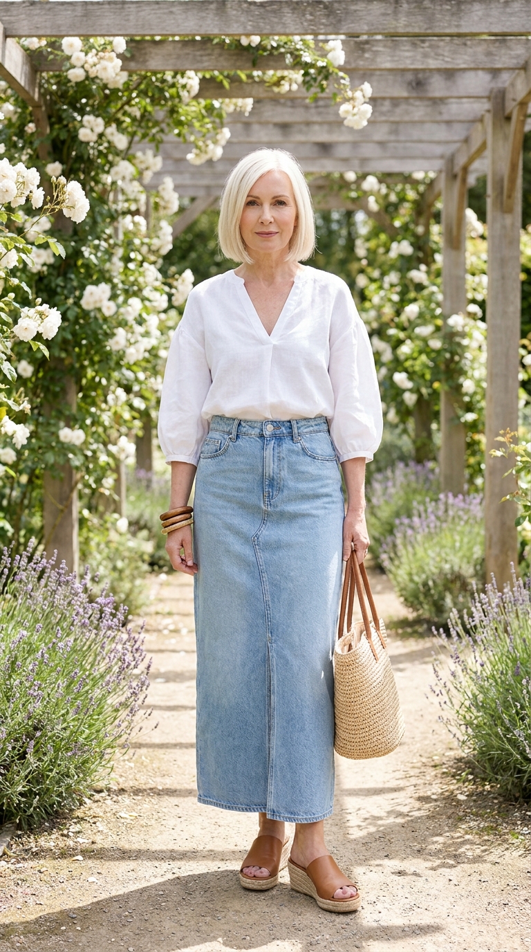 Look romantico estivo donna over 40 con maxi gonna denim chiara, blusa morbida bianca in lino e sandali con zeppa in cuoio.