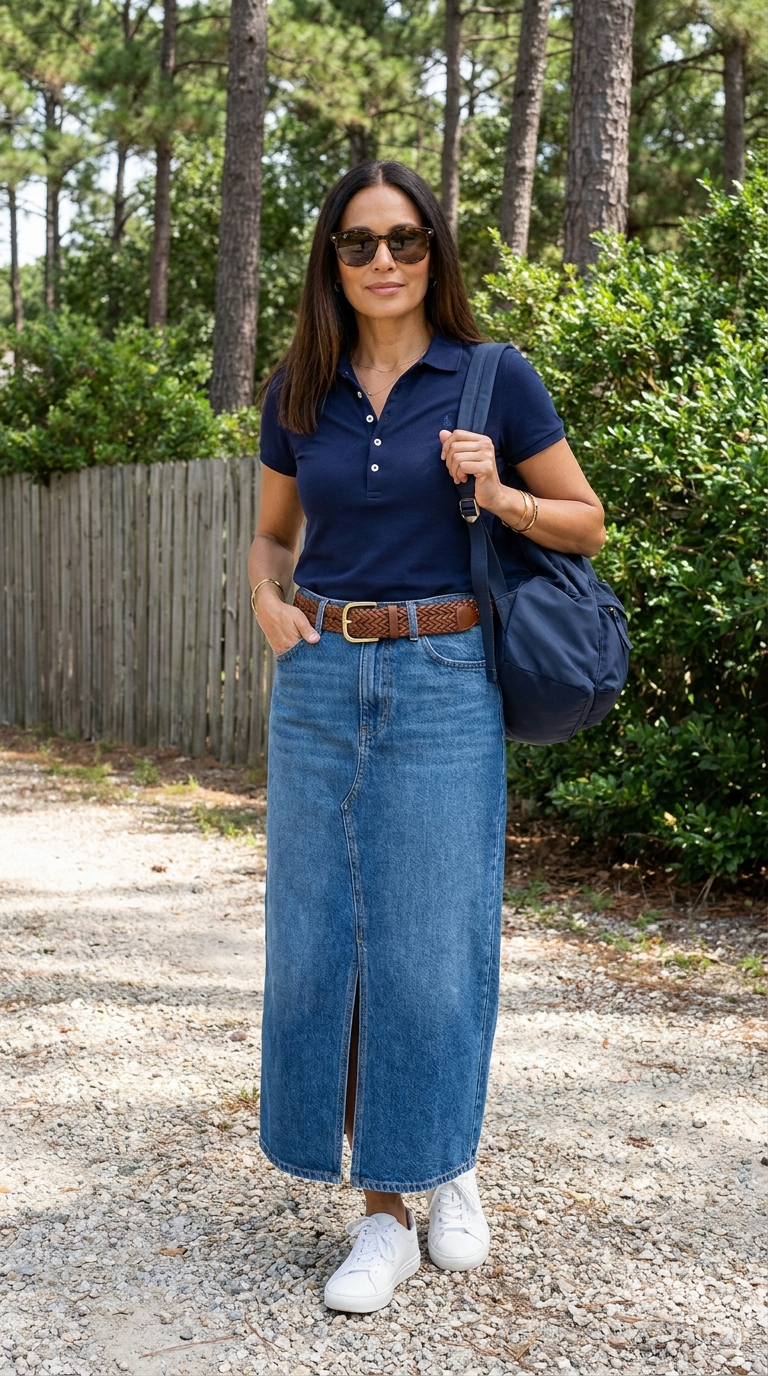 Stile sporty chic donna over 40 con maxi gonna di jeans, polo blu navy, cintura in cuoio intrecciata e zainetto coordinato.