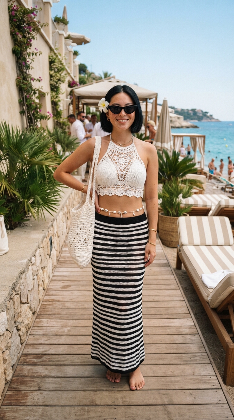 Stile boho-chic da spiaggia con gonna lunga a righe bianche e nere, top crochet all'uncinetto e borsa a rete.