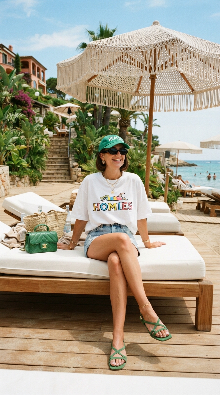 Look da spiaggia comodo e sporty-chic con t-shirt oversize con scritta, shorts in jeans e cappellino verde.
