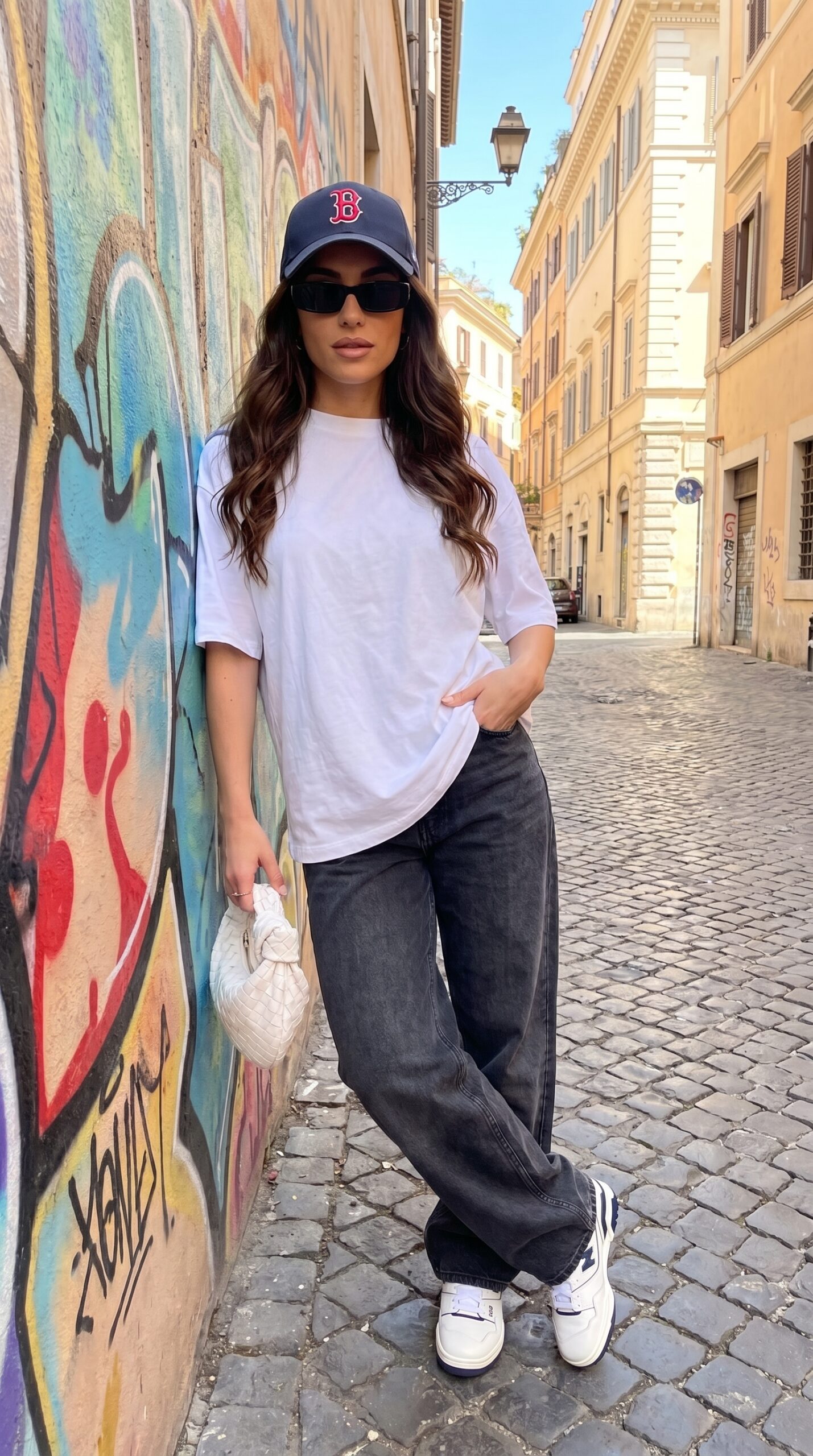 Ragazza stile street fashion con t-shirt oversize bianca jeans larghi neri e cappellino