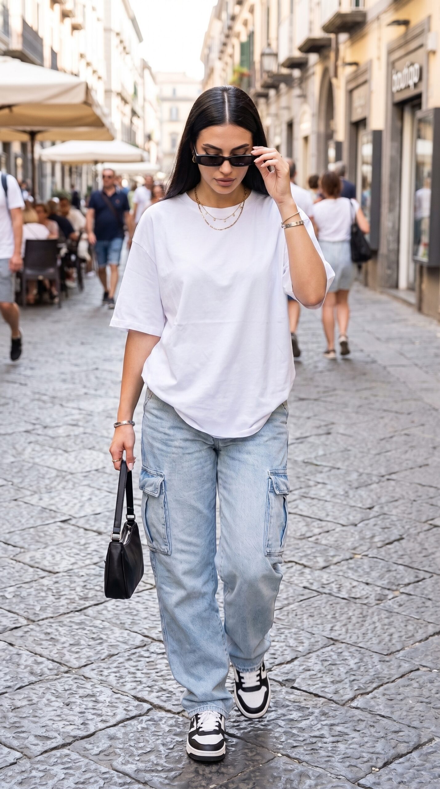Outfit street style con t-shirt oversize bianca basic, jeans cargo chiari e borsa a spalla nera