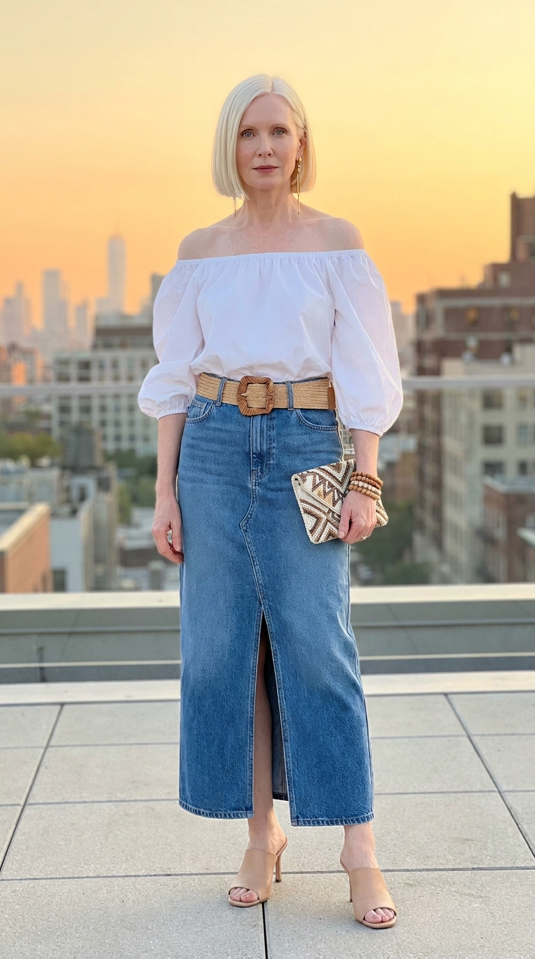 Outfit da aperitivo estivo per donna over 40 con maxi gonna di jeans con spacco, blusa bianca scollo Bardot e cintura intrecciata in paglia.