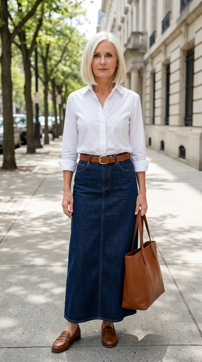 Look elegante donna over 40 con gonna lunga di jeans scuro, camicia bianca classica, cintura e mocassini in pelle color cuoio.