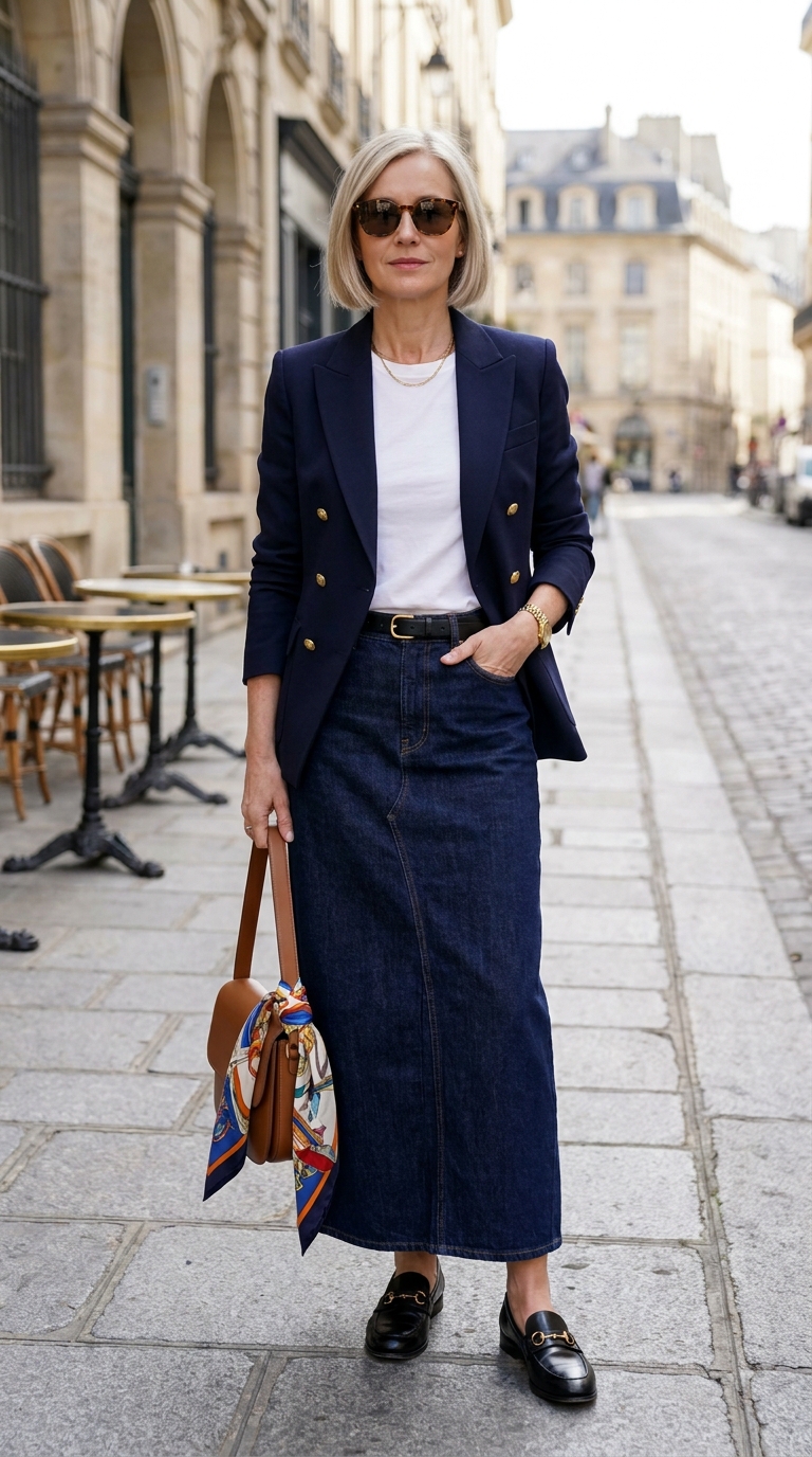 Outfit stile parigino over 40 con gonna lunga denim, blazer doppiopetto blu navy, mocassini neri e foulard di seta.