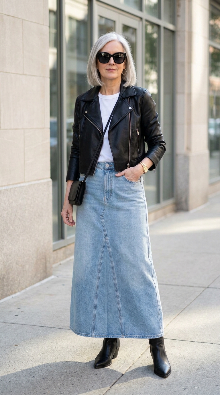 Look rock chic donna over 40 con maxi gonna di jeans chiaro a pannelli, chiodo in pelle nera, t-shirt bianca e stivaletti in pelle.