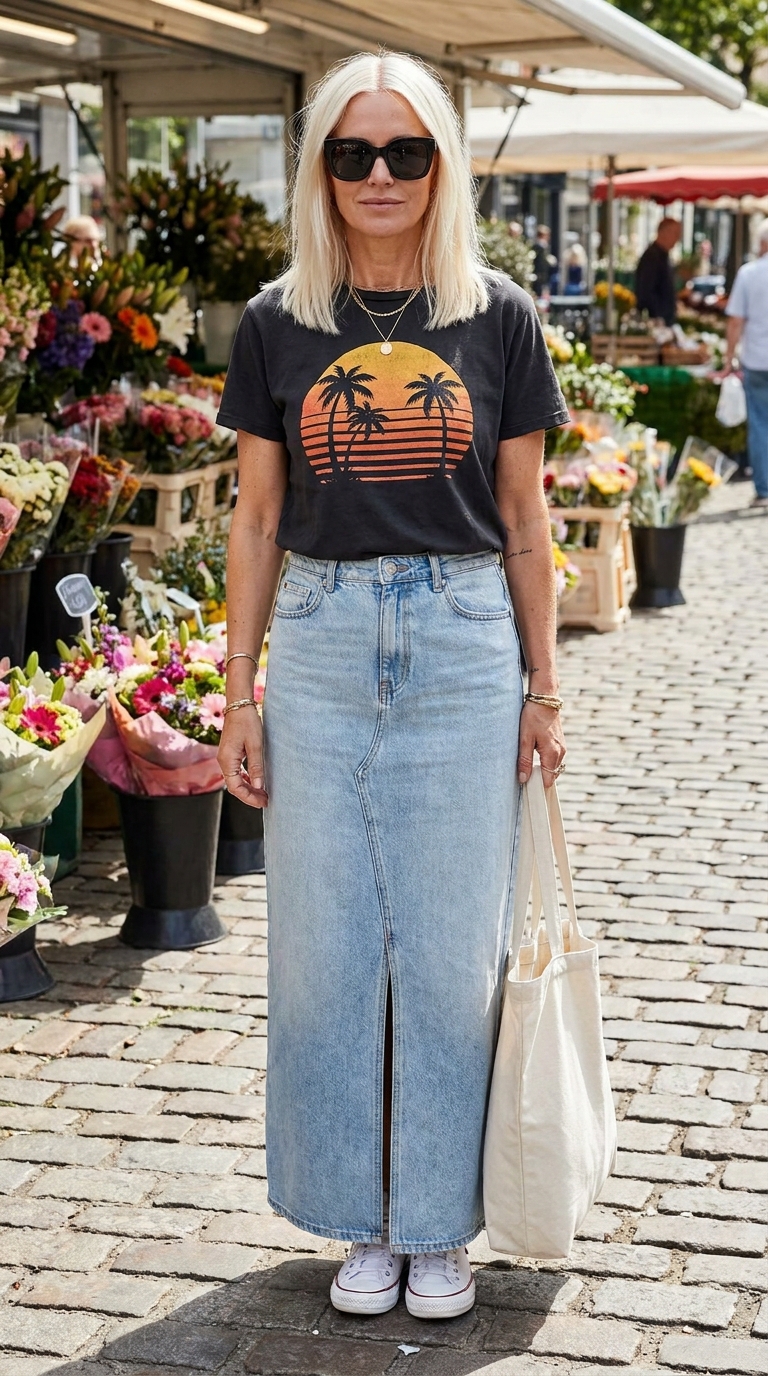 Outfit casual over 40 con maxi gonna di jeans chiaro con spacco, t-shirt grafica vintage e sneaker bianche da passeggio.