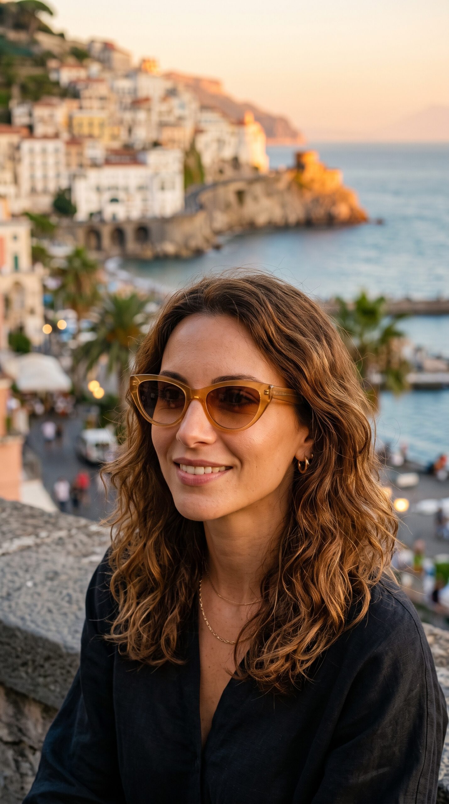 Come Scegliere gli Occhiali da Sole in Base al Viso Donna 4 Una donna con viso a cuore indossa occhiali da sole cat-eye per bilanciare la fronte ampia