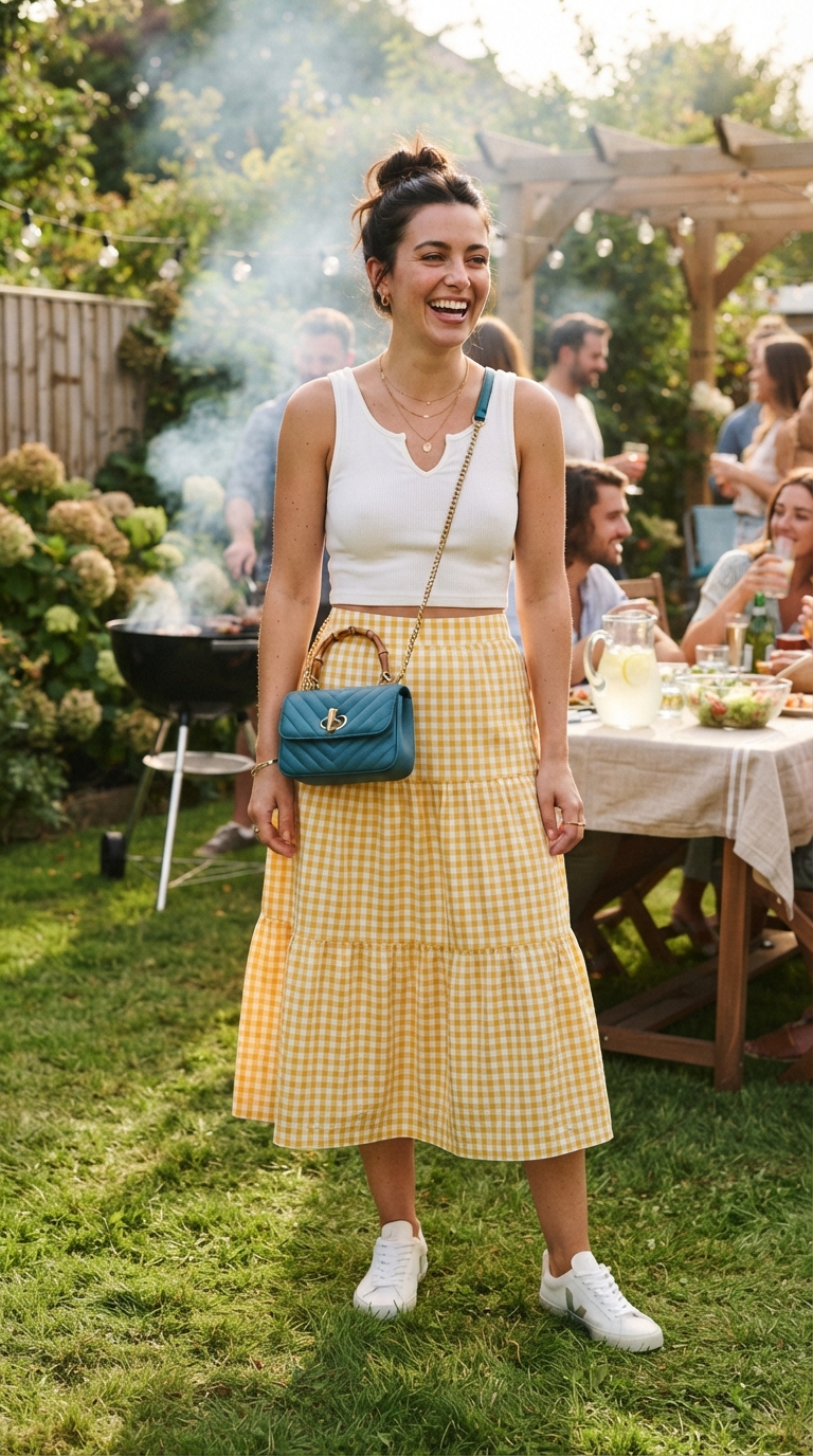 Look da grigliata con gonna midi a quadretti vichy gialli, canottiera bianca ribbed, borsa azzurra e sneaker bianche