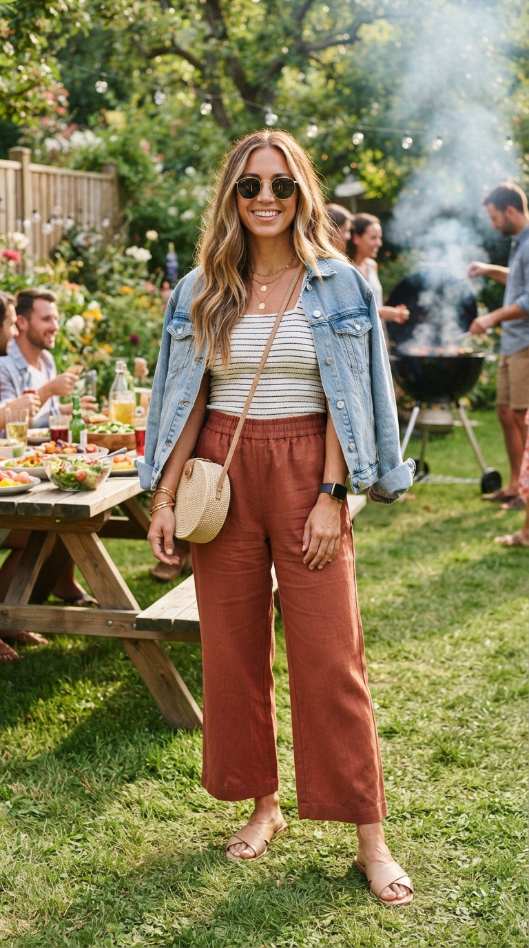 Donna con pantaloni larghi in lino terracotta, top a righe, giacca di jeans sulle spalle e borsa in paglia