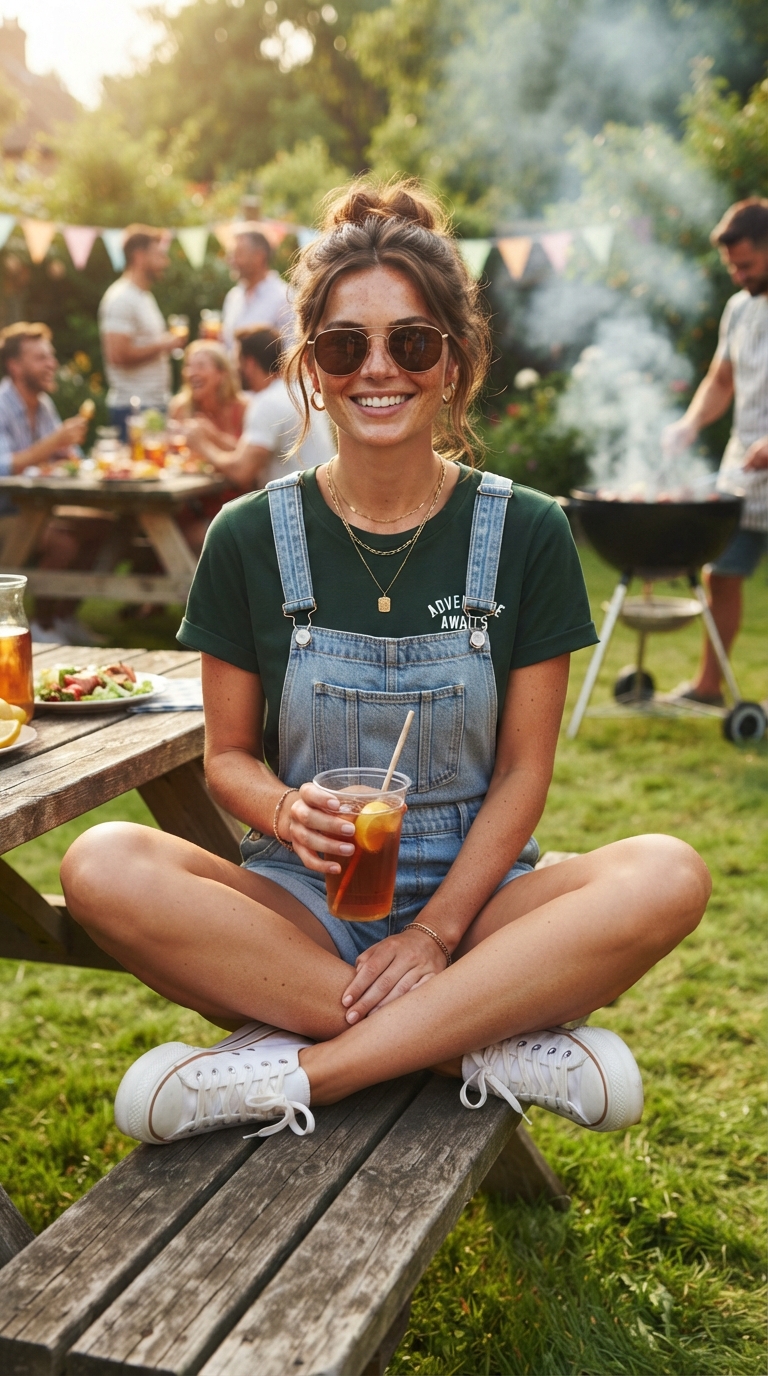 Donna seduta su una panca da giardino con salopette corta in jeans, t-shirt verde scuro, occhiali da sole e drink in mano