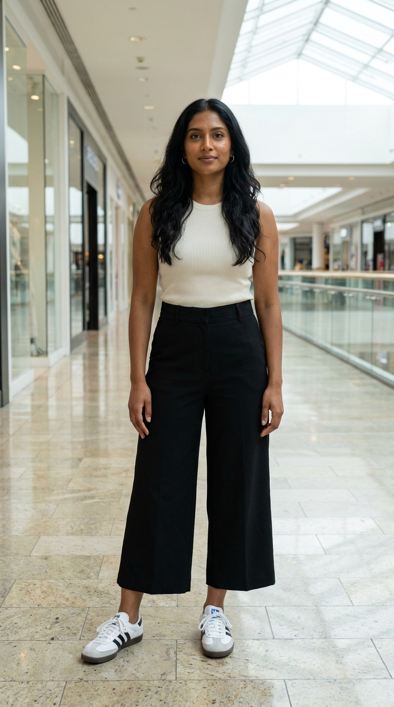 10 Outfit Casual Estivi Donna: Copia i Look Facili e Freschi 16 donna con canotta a costine chiara e pantaloni neri cropped con sneaker bianche per shopping estivo