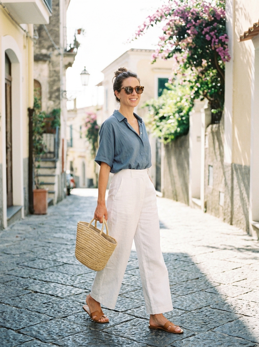 Outfit estivo completo donna: pantaloni palazzo in lino bianco, blusa celeste e borsa di paglia in una strada soleggiata.
