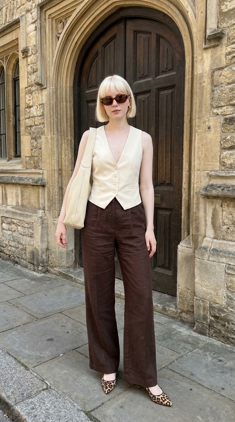 10 Outfit Casual Estivi Donna: Copia i Look Facili e Freschi 12 donna con gilet sartoriale avorio e pantaloni larghi marroni con scarpe leopardate