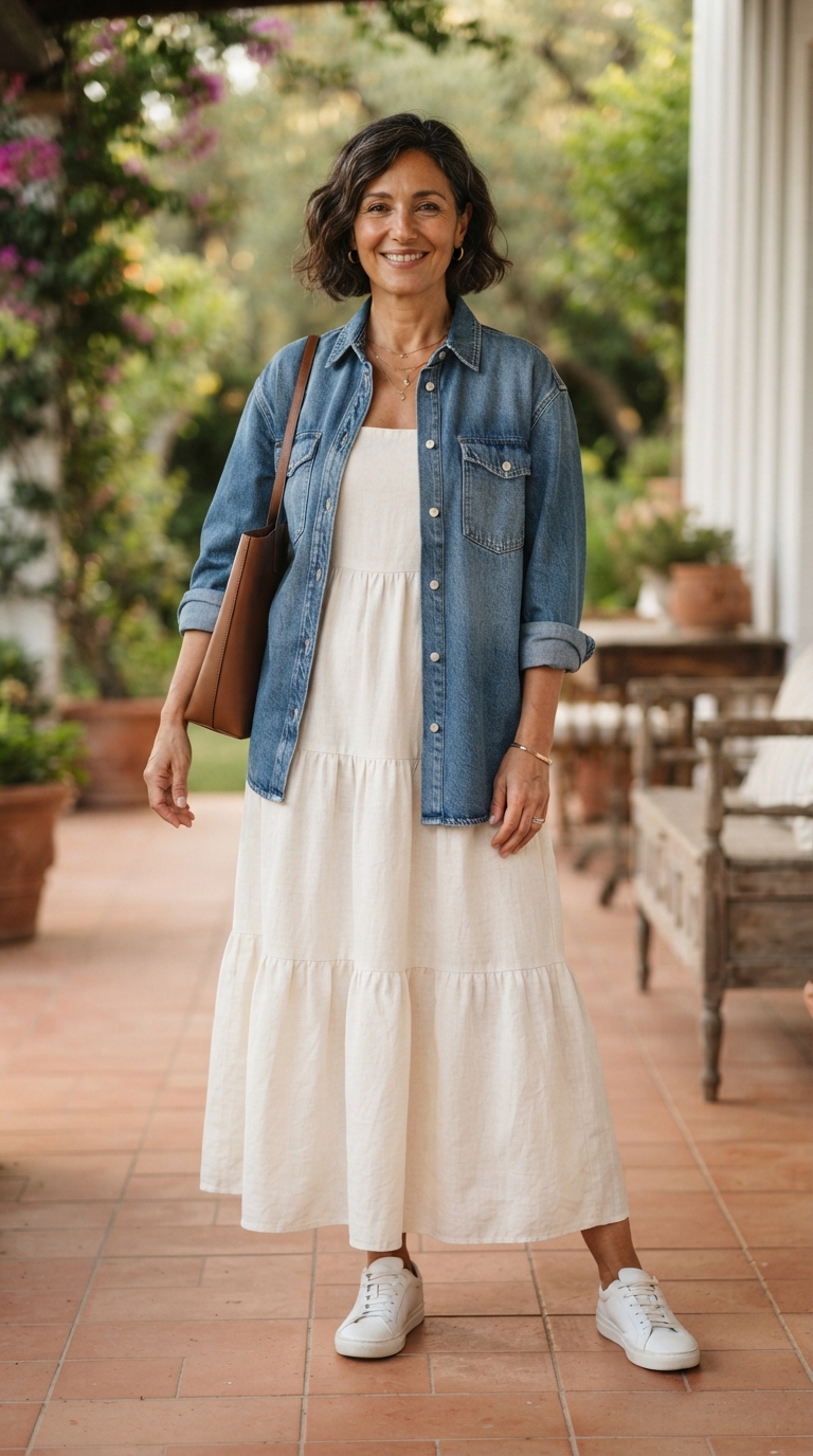 Donna over 40 elegante con abito lungo a balze panna, camicia in denim aperta e sneaker bianche.