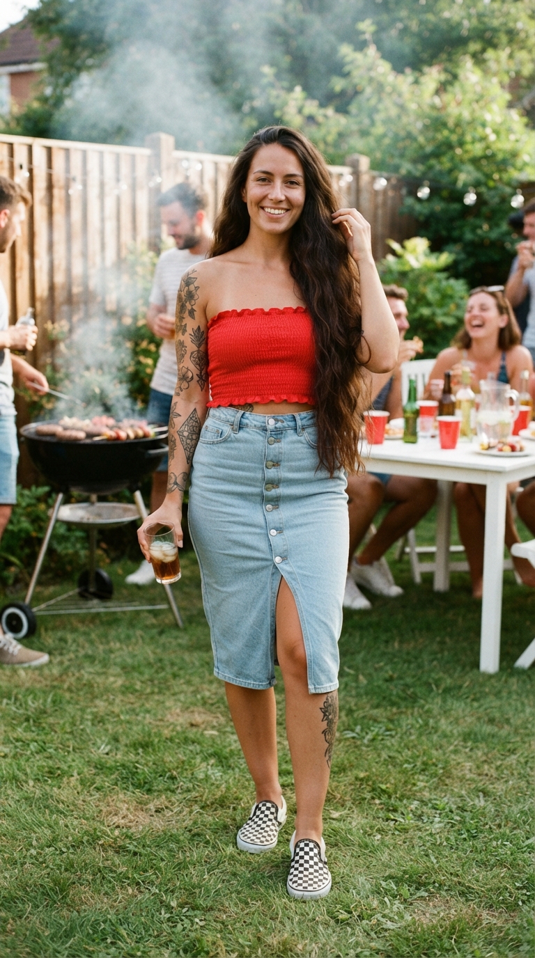 Ragazza con top a fascia rosso elasticizzato, gonna di jeans con bottoni frontali e sneaker slip-on a scacchi