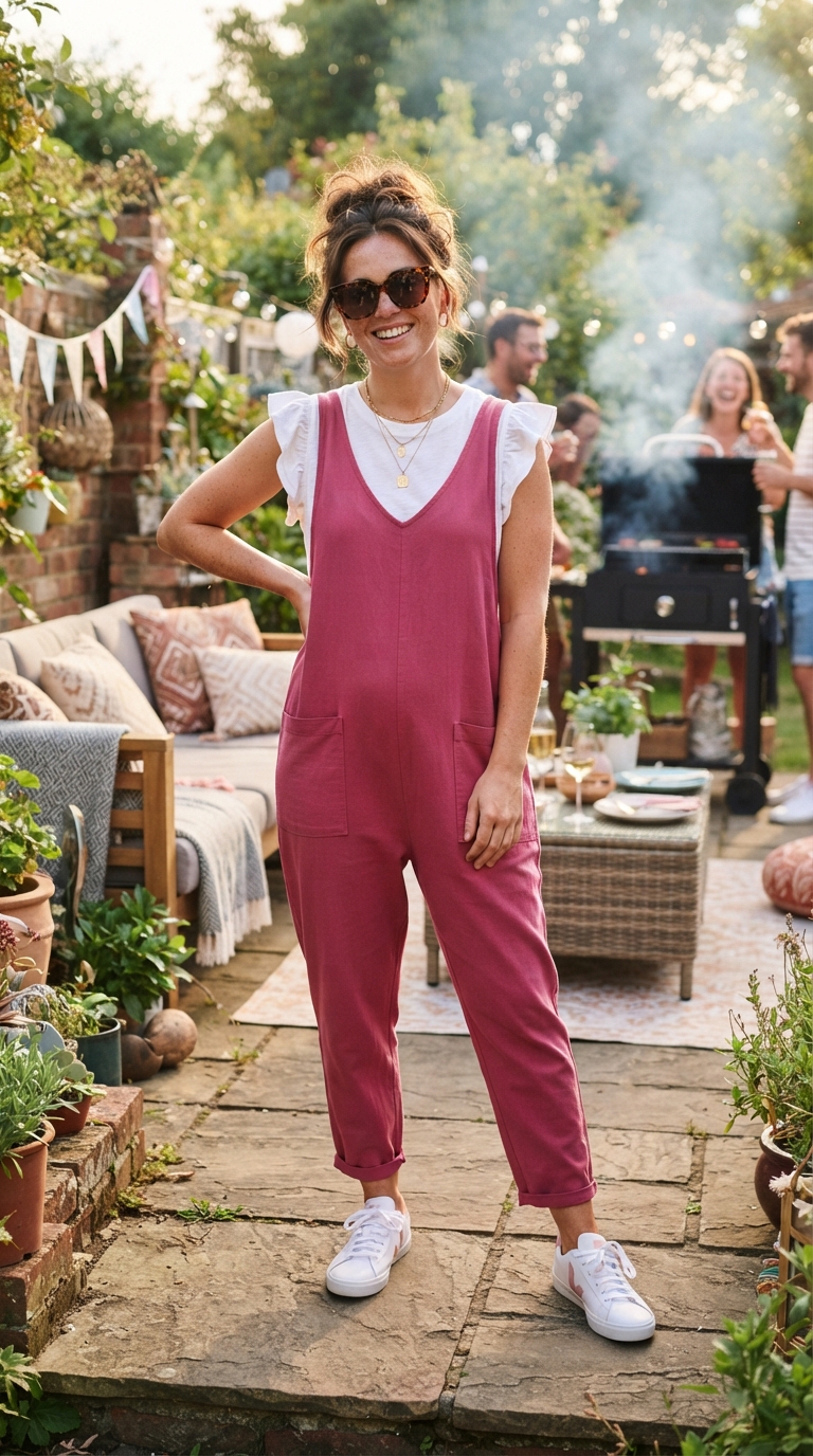 Donna in giardino con tuta intera morbida rosa lampone, maglietta bianca con volant e sneaker bianche