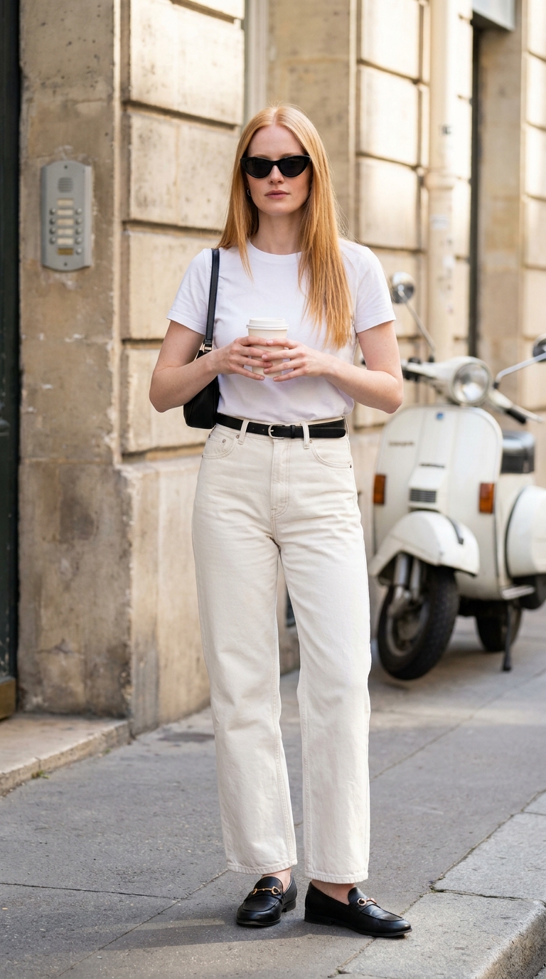 10 Outfit Casual Estivi Donna: Copia i Look Facili e Freschi 5 look minimal estivo con t-shirt bianca e jeans ecru con mocassini neri e caffè da asporto