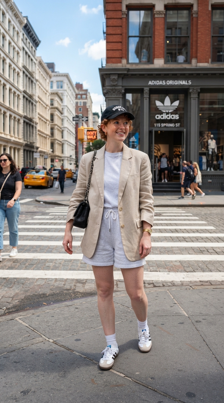Ragazza a New York con blazer beige in lino, shorts grigi sportivi, cappello da baseball e sneaker Adidas Sambas.