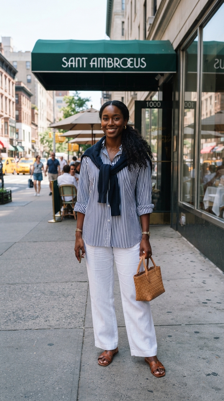 Look da giorno a New York davanti al ristorante Sant Ambroeus con camicia oversize a righe blu, pantaloni larghi in lino bianco e borsa intrecciata.