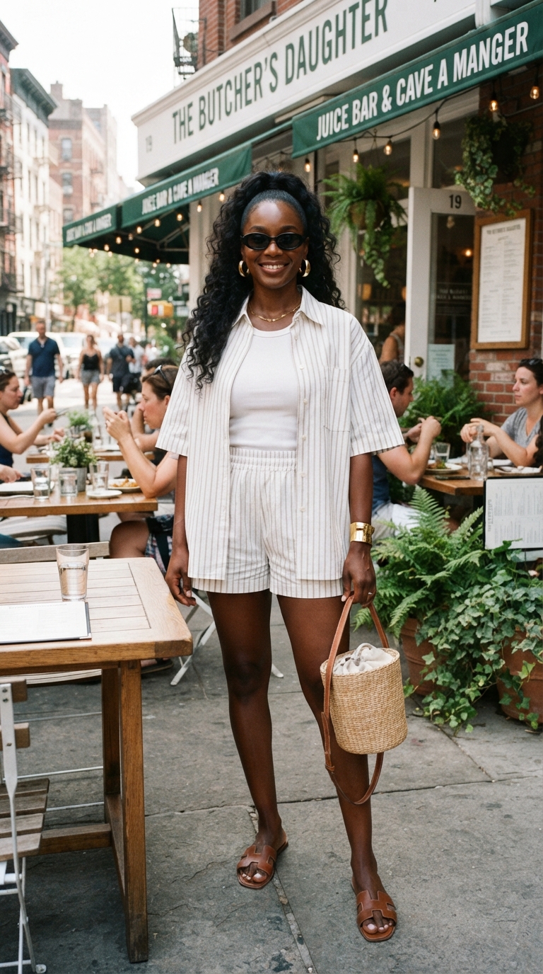 Ragazza a Nolita con completo coordinato a righe camicia e shorts in lino, canotta bianca e borsa a secchiello in paglia.