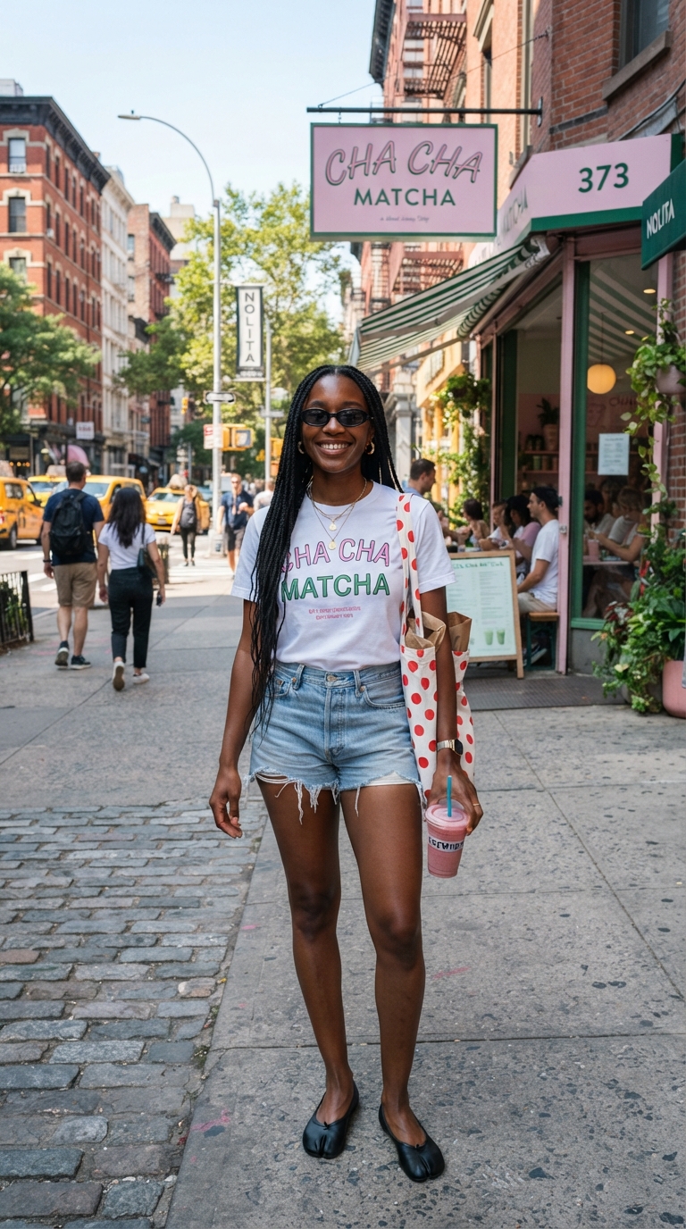 Outfit casual con t-shirt grafica Cha Cha Matcha, shorts in jeans vintage, tote bag a pois e ballerine Tabi nere.