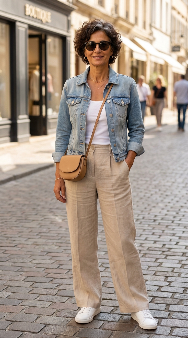 Donna over 50 con pantaloni di lino beige, giacca di jeans e sneakers bianche