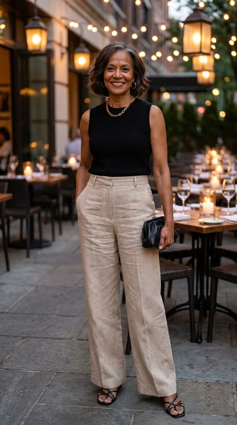 Donna over 50 con top nero e pantaloni di lino beige a gamba larga per cena estiva