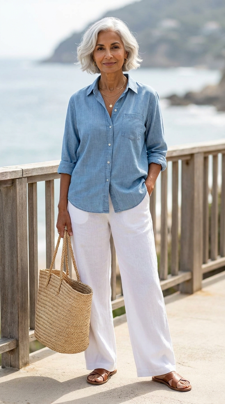 Donna over 50 con pantaloni di lino bianchi e camicia azzurra in chambray