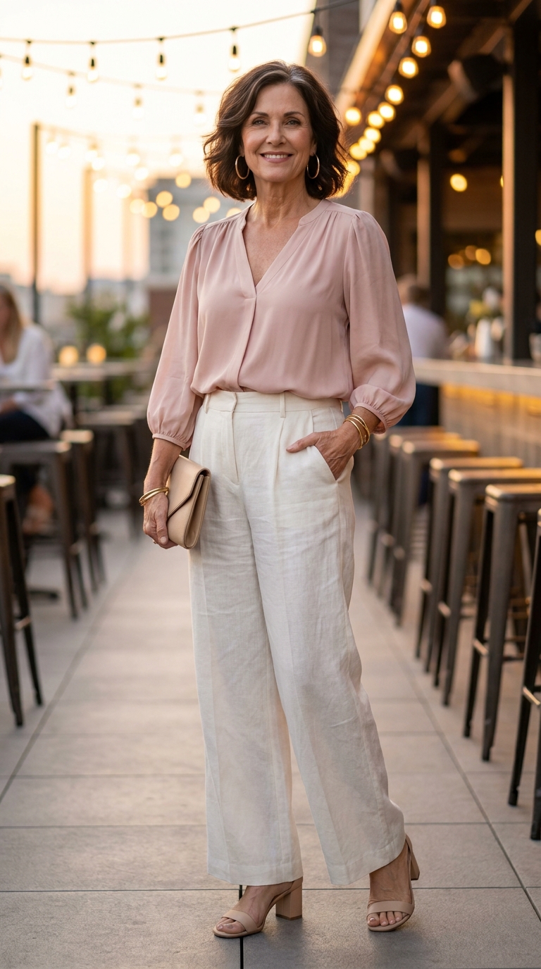 Donna over 50 con pantaloni palazzo in lino bianco e blusa rosa cipria per aperitivo estivo