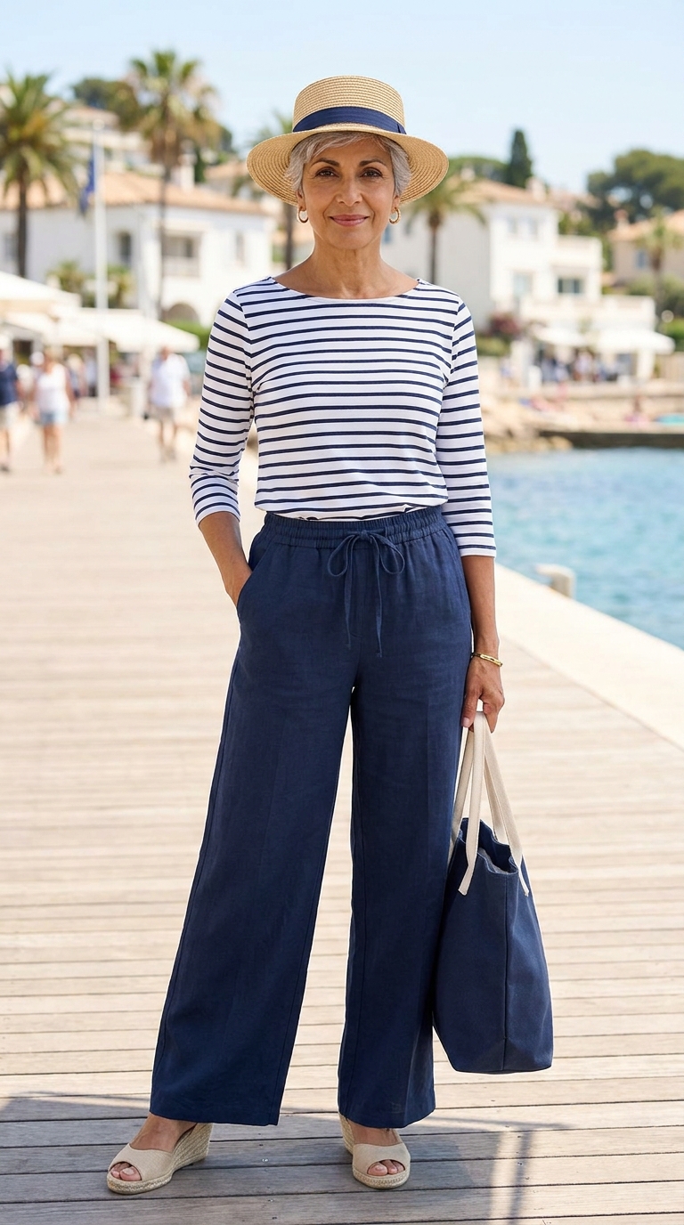 Donna over 50 con maglia a righe mariniere e pantaloni di lino blu navy sul molo