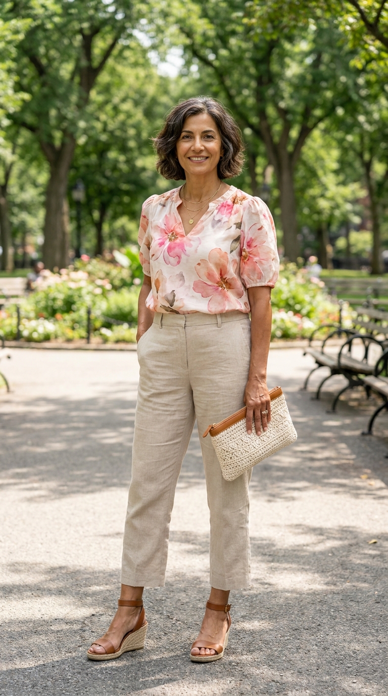 Donna over 50 con pantaloni di lino color sabbia e blusa a fiori rosa