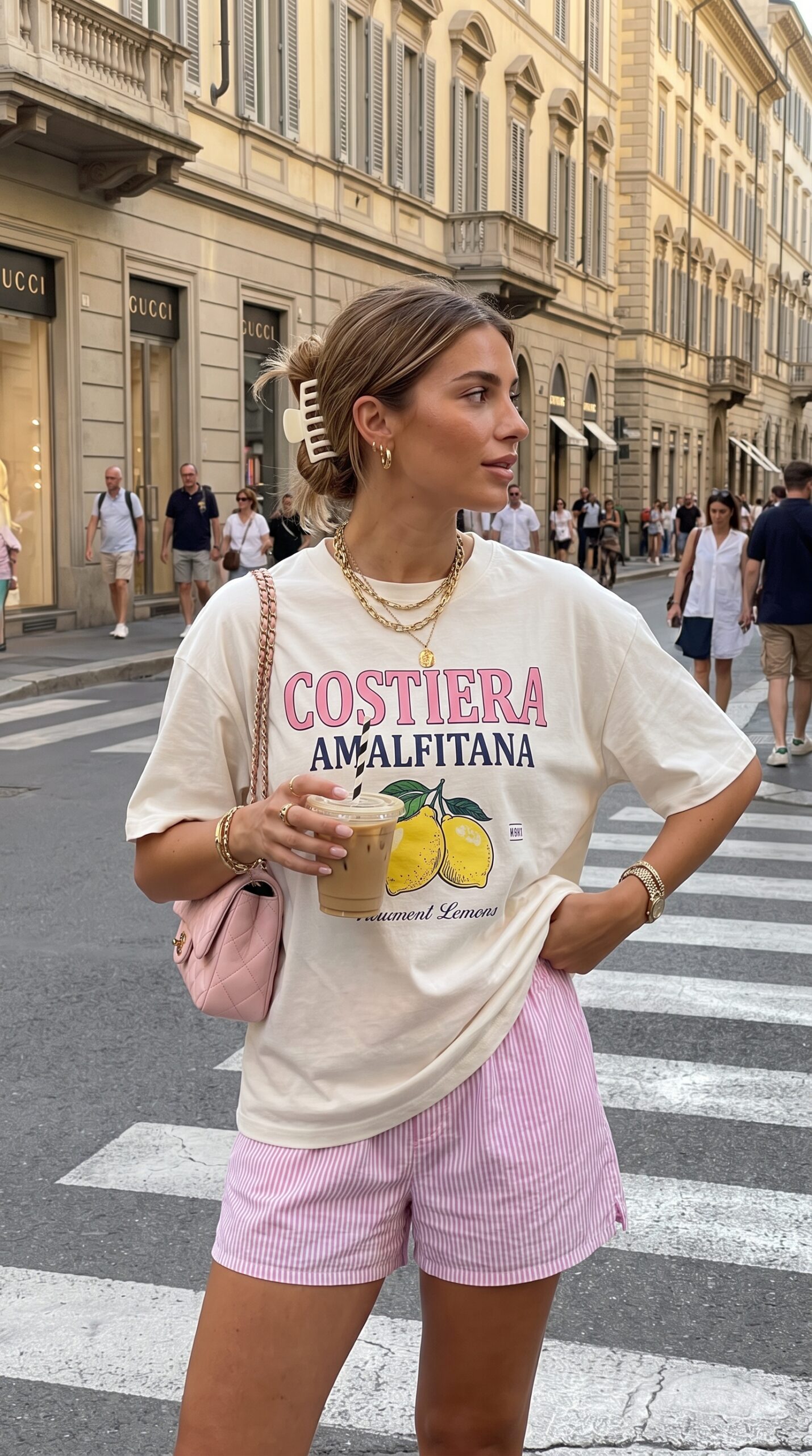 Ragazza che cammina in centro con t-shirt oversize panna stampa Amalfi e shorts a righe rosa