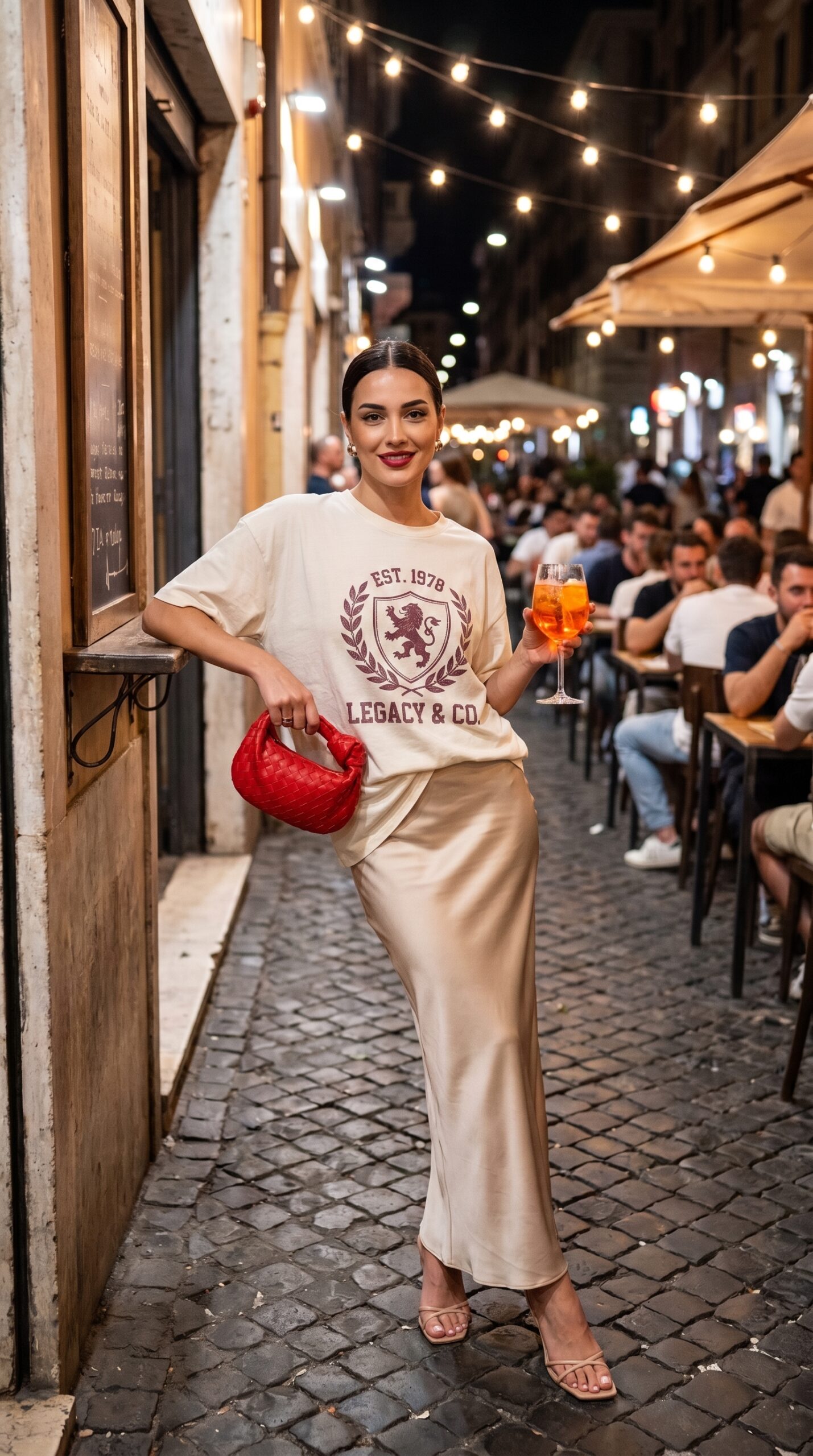 Outfit da sera con t-shirt oversize grafica panna e gonna lunga in raso champagne