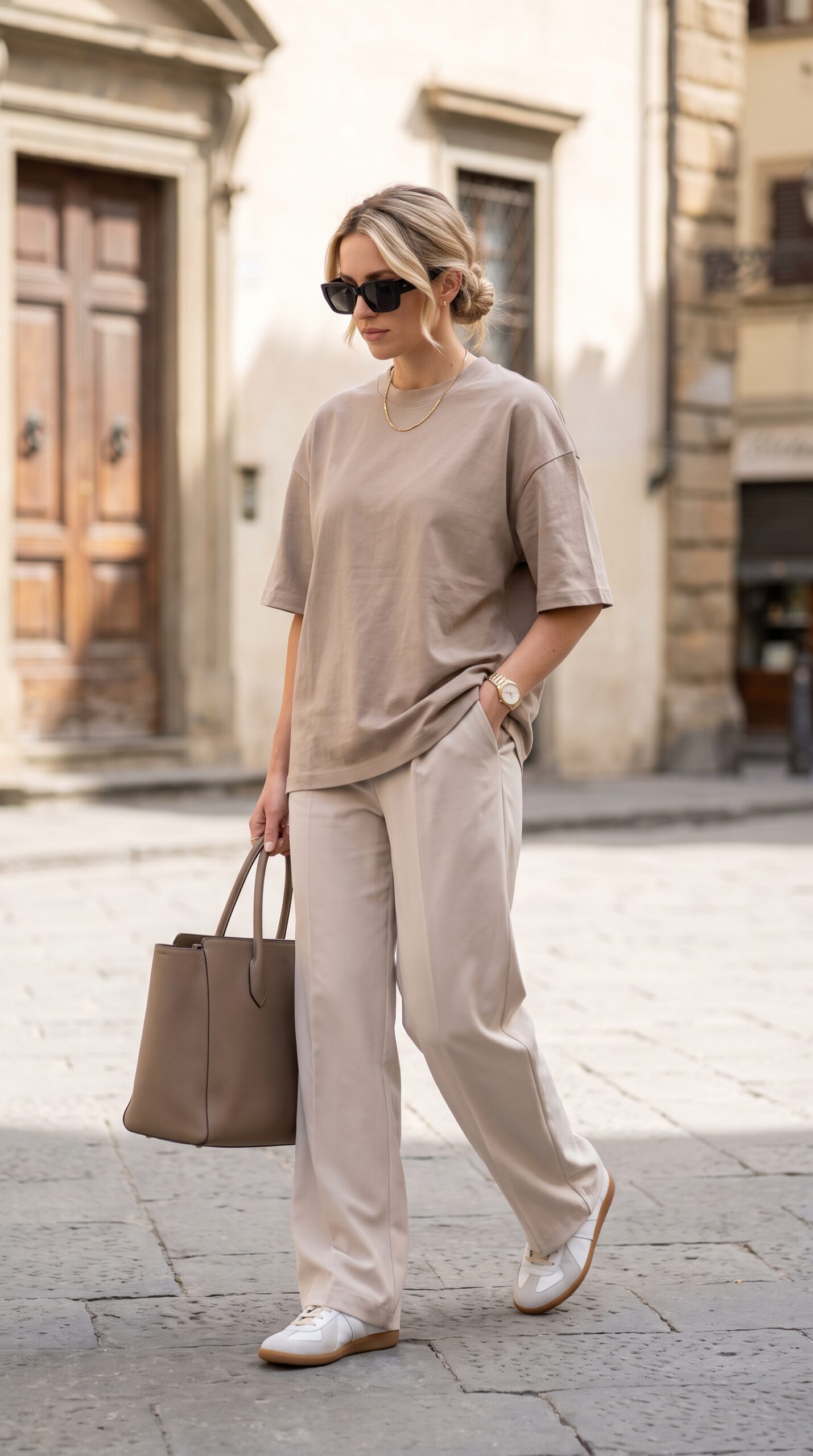 Donna con look monocromatico beige composto da t-shirt oversize e pantaloni eleganti palazzo